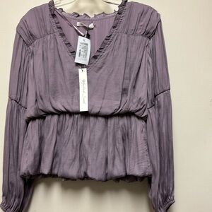 Mustard Seed Tiered Top Blouse Long Sleeve S Lavender $58  Lined V-Neck NWT